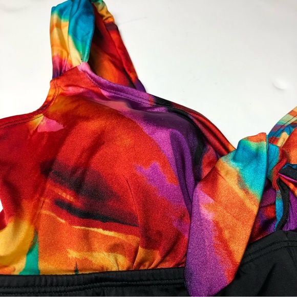 Studio Works One Piece Swimsuit Skirted Black Yellow Red Purple Approx Size 16 - Picture 4 of 8